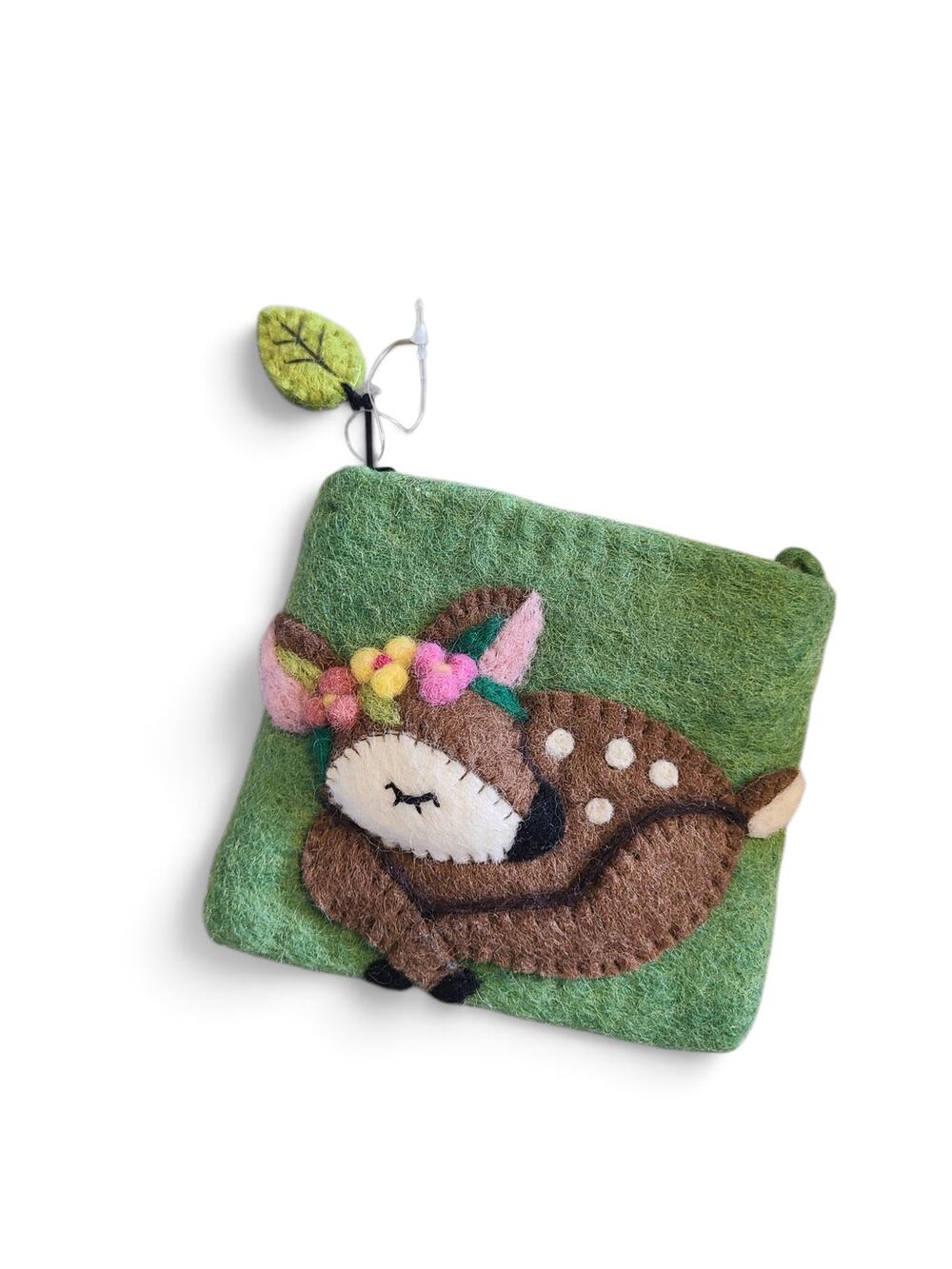 Cute Sleeping Fawn Deer Coin Purse  Green Brown Whimsical